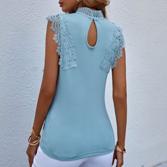 Bohemian Baby Blue Lace Mock neck Sleeveless Tank Top - Picture 11 of 11